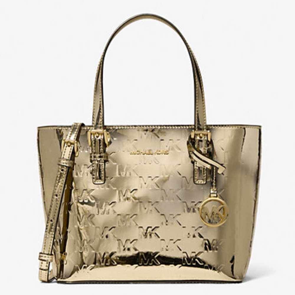 MICHAEL KORS Jet Set Extra-Small Metallic Logo Debossed Convertible TZ Tote Cros - Picture 2 of 16